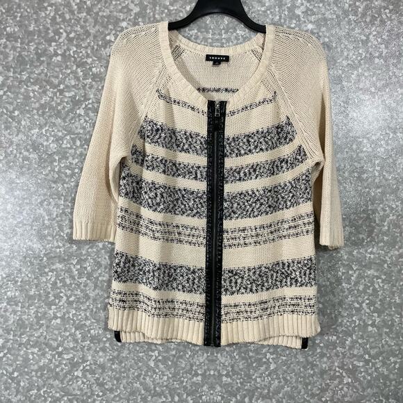Trouve Ivory Striped Faux Leather Trim Zip Up Cardigan - Size Small - Sweater - Picture 1 of 6